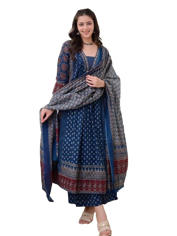 KLOSIA Maroon Printed Anarkali Kurta Set with Pant and Dupatta